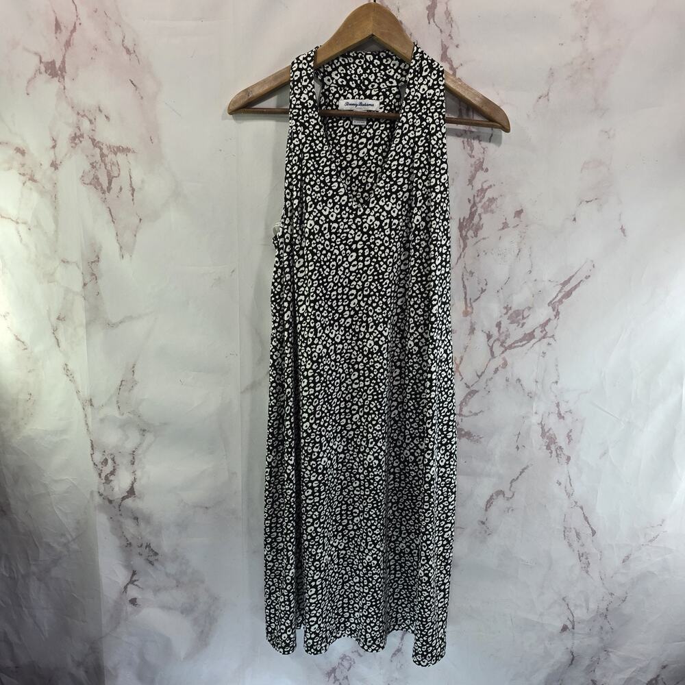 Tommy Bahama Dress Womens Medium Black White Tank Knee Length Leopard Cheetah